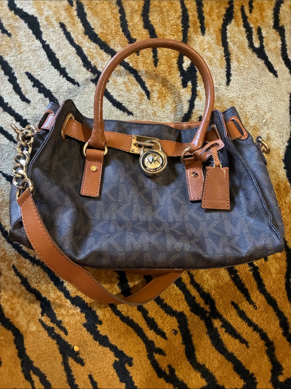Michael Kors Dark Brown Monogram Satchel with Tan Trim